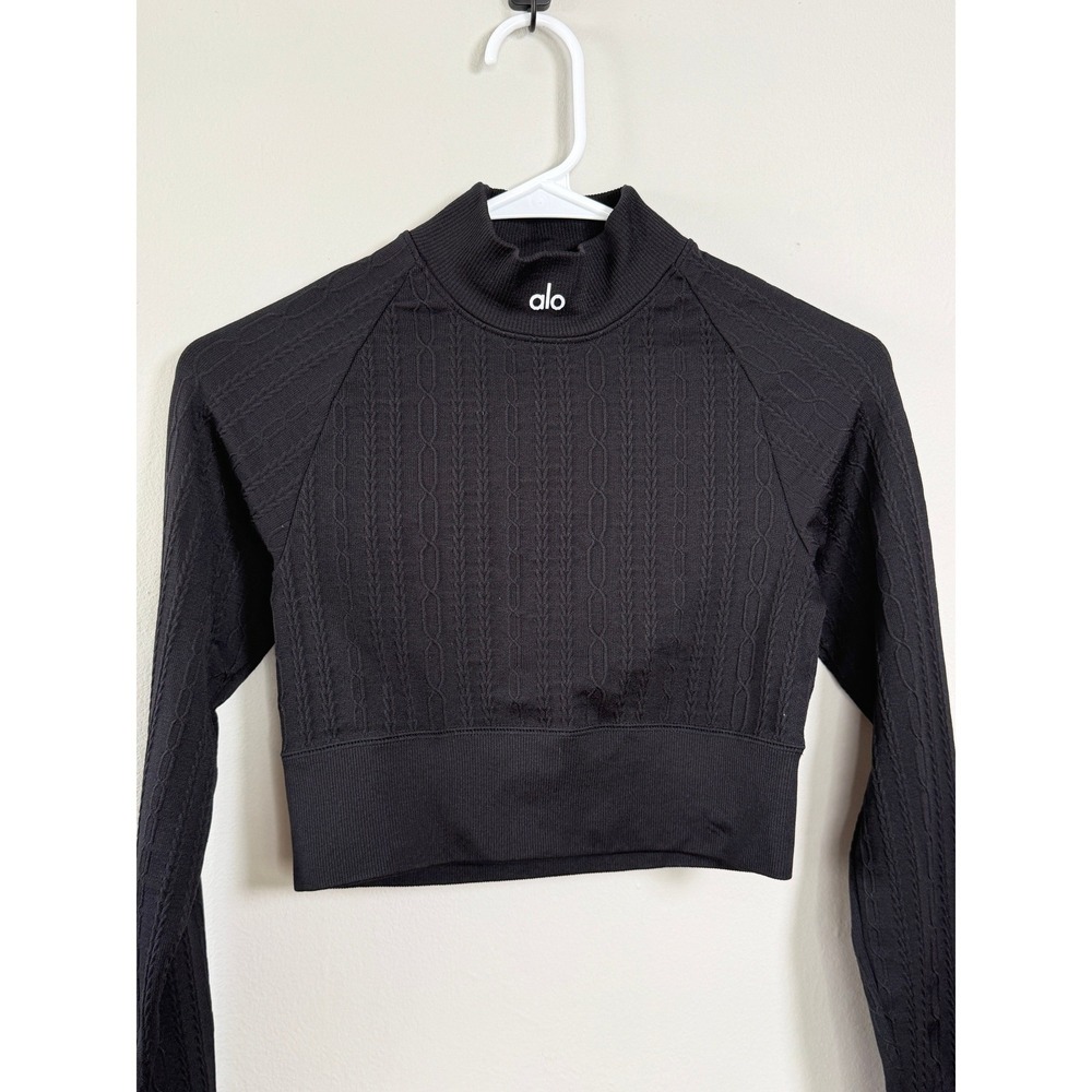 Alo Yoga Cable Knit Athletic Top Women XS Black Mock Neck Cropped Activewear